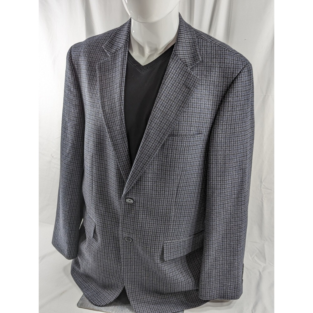 Stafford Blazer Sport Coat Jacket 100% Wool 42R Black‎ Blue Houndstooth Soft EUC
